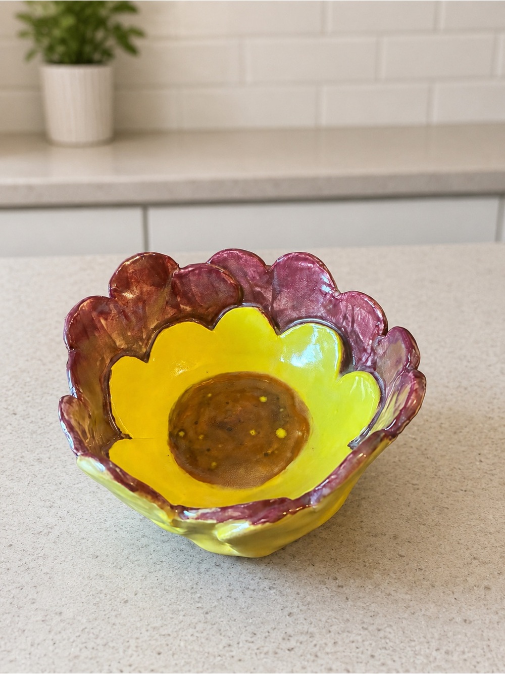 Handmade Signed Ceramic Flower Bowl Purple Yellow Studio Pottery Trinket Dish
